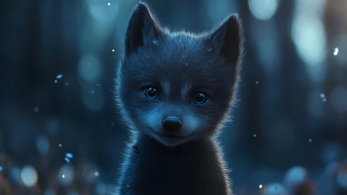 Young blue-lit fox in soft forest bokeh at night.
