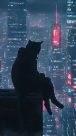 Feline Sentinel Gazes Across Neon-Drenched Metropolis.