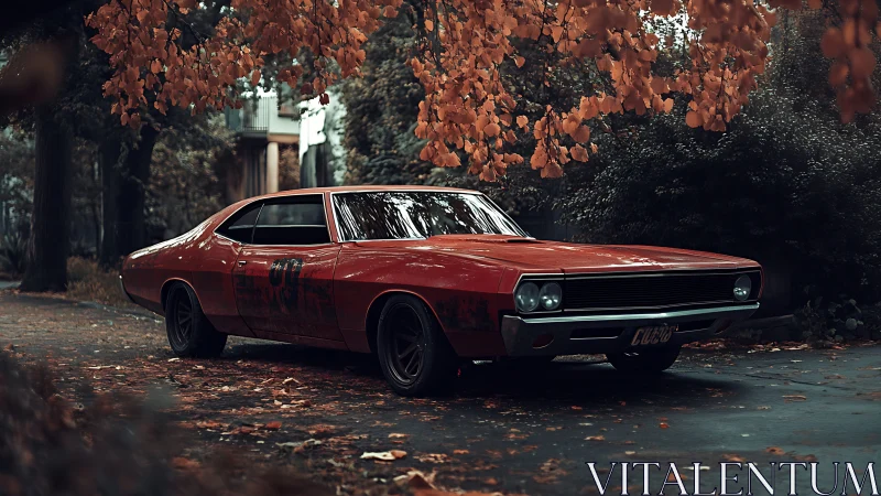 Autumn street prowler, red muscle car under ember leaves.