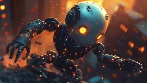 Runaway ember-eyed robot dives through a neon dusk city.