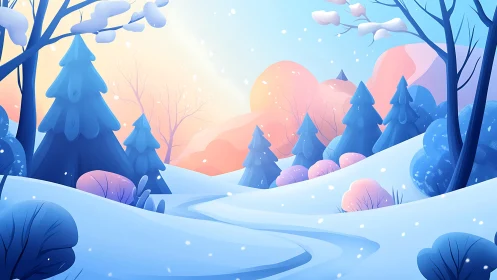Winter Wonderland with Snowy Evergreens Under Soft Sunset Skies