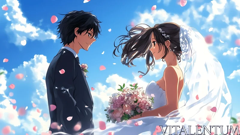 Anime bride and groom stand outdoors under blue sky.