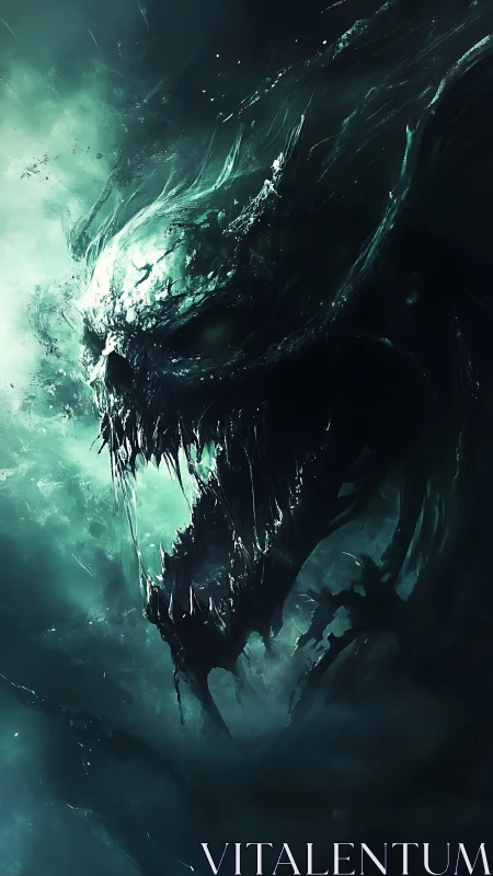 Spectral abyssal wraith skull emerging from teal storm void