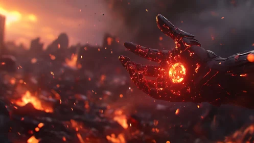Glowing Hand Rising Through Inferno of Fire and Embers