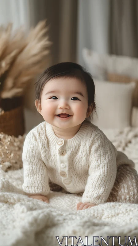 Joyful Baby in Cream Sweater on Cozy Textured Blanket