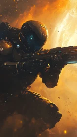 Orbital shock trooper framed by stellar plasma horizon.