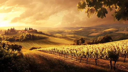 Sunlit vineyard hills roll toward a tranquil Tuscan farmhouse
