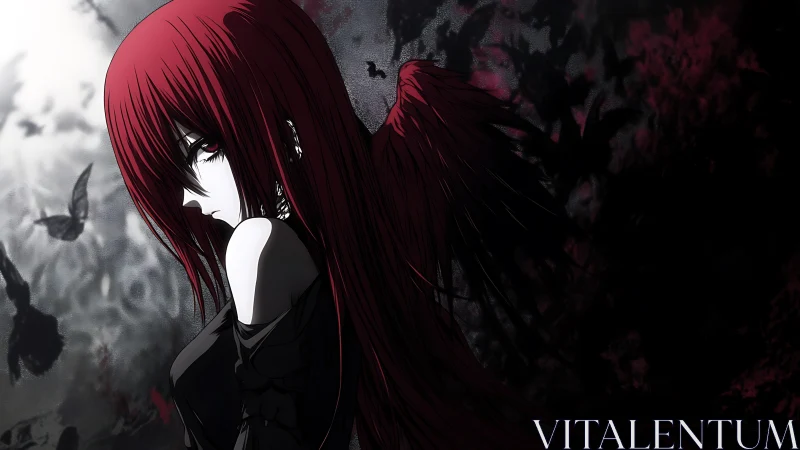 Shadowed red haired angel gazes softly into deep twilight