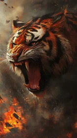 Roaring tiger head erupts from burning smoke and embers