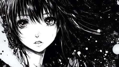 Monochrome anime girl portrait uses stark contrast and ink splatter