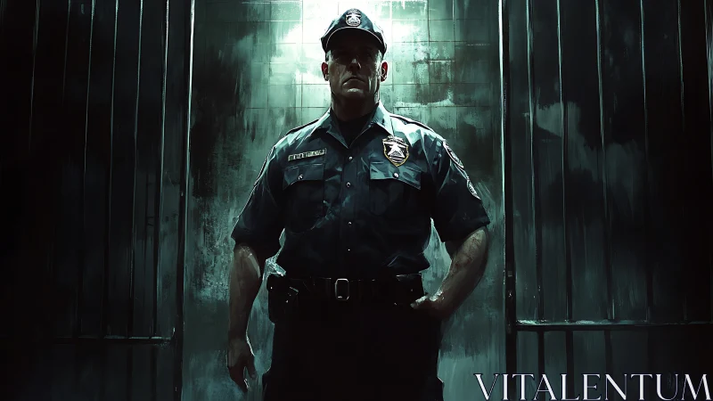 Guard stands in harsh light between imposing prison doors.