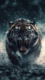 Digital render shows tiger running forward in wet terrain