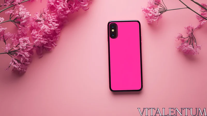 Pink Smartphone Display Against Floral Background.