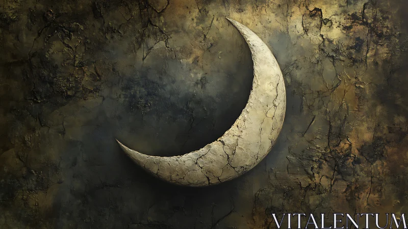 Crescent moon relief over weathered, cracked earthen wall.