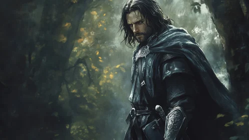 Cloaked swordsman standing in dim forest environment.