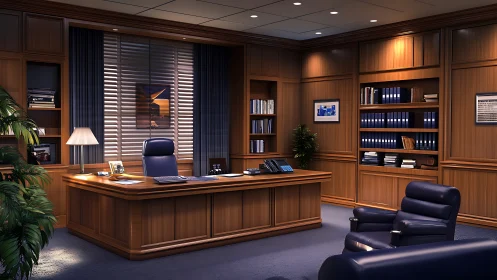 Executive wood office glows under warm recessed lighting.