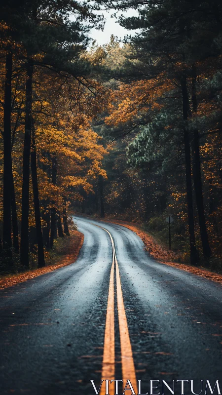 Autumn Forest Highway: Vanishing Perspective Through Ochre Canopy.