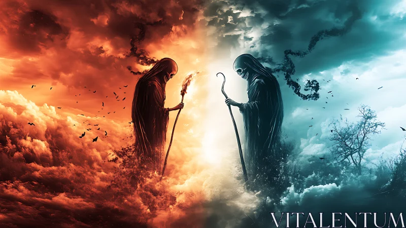 Digital painting diptych of elemental reaper duality.