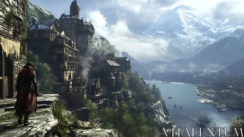 Rogue overlooking riverside medieval city and snowy peaks.