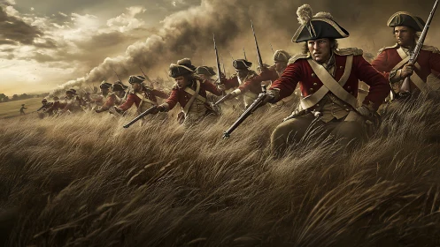 Storm of Redcoats sweeping through the golden tall grass.