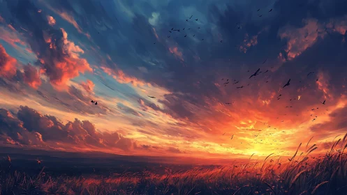 Digital sunset sky over field with stratified clouds and birds