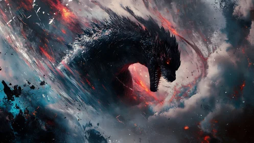 Giant reptilian creature emerges amid swirling fiery clouds