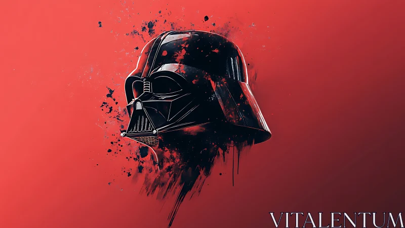 Dark sci fi helmet floats in red splattered void of power