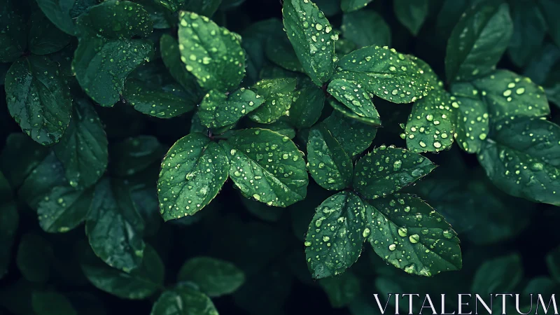 Macro optical study of rain droplets on saturated green leaves.