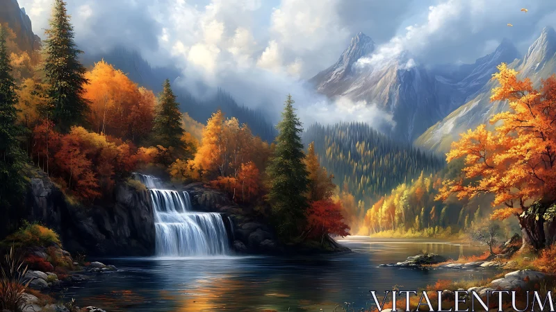 Tranquil autumn waterfall nestled in glowing mountain valley.