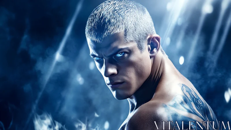 Intense silver‑haired warrior glares through icy blue light.