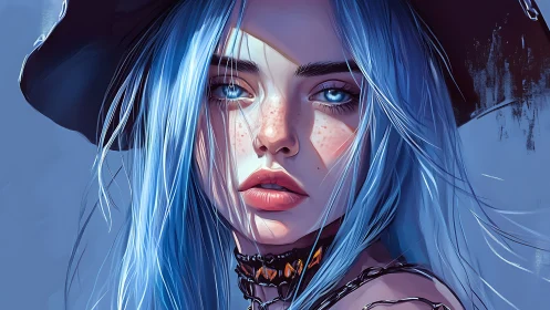 High-detail digital portrait of blue-haired girl with hyperreal lighting