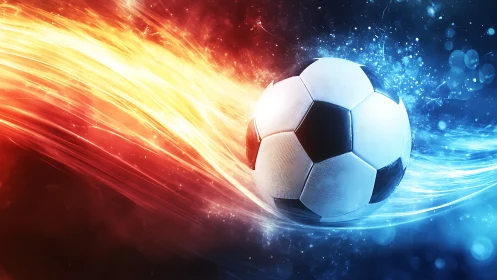 Fiery and cool soccer ball racing through glowing light trails.