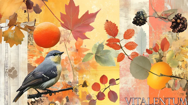 Bird, citrus fruit and autumn foliage are arranged in collage
