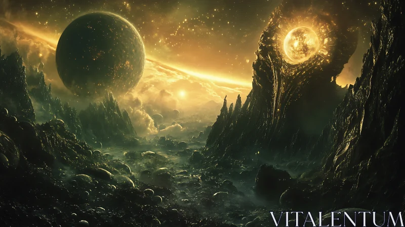 Golden alien horizon with glowing twin worlds in orbit.