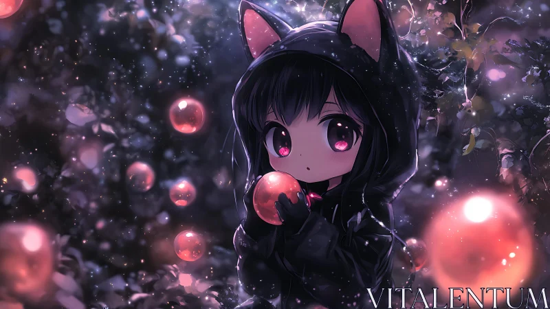Nocturnal chibi cat-hood figure amid luminescent orbs field.