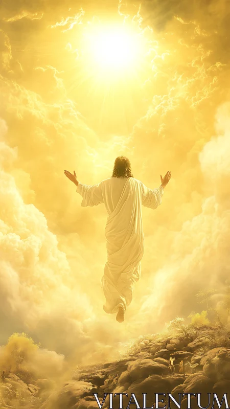 Radiant robed figure ascends through a sunburst heaven