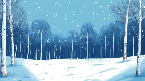 Snowfall over birch forest in cool monochrome illustration.