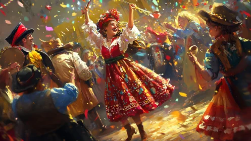 Central female dancer moves among costumed figures and confetti