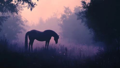Silhouetted horse stands in misty forest at dawn light