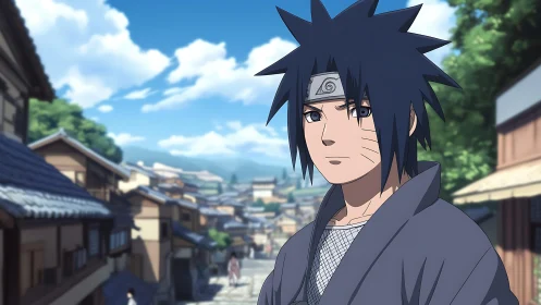 Anime ninja youth standing in quiet traditional street.