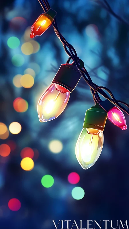Colorful string lights with glowing bokeh background at dusk.