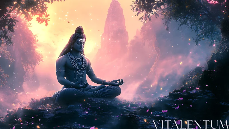 Mystic mountain meditation under glowing twilight sky.