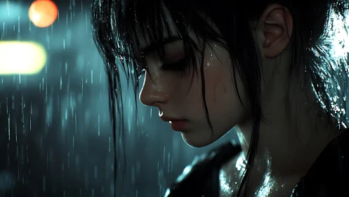 Melancholic anime girl profile in neon lit nighttime rain.