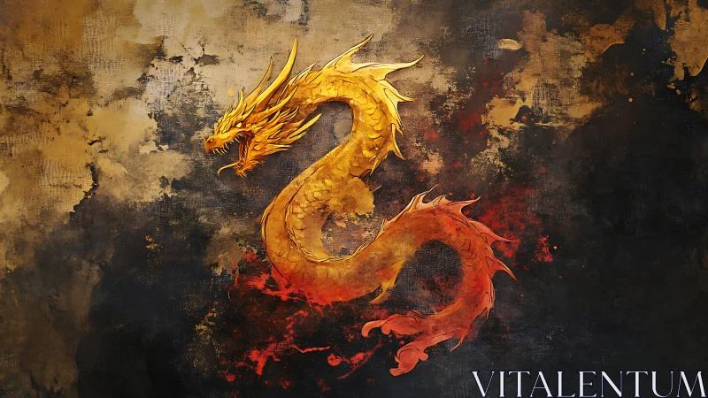 Golden embers: a curling dragon painted in firelight.