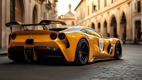 Yellow Ferrari sports car parked on historic city street.