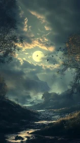 Moonlit valley landscape with birds over winding stream.