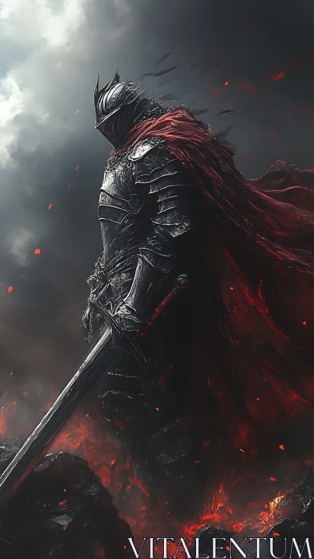 Dark armored warlord over burning volcanic battlefield.