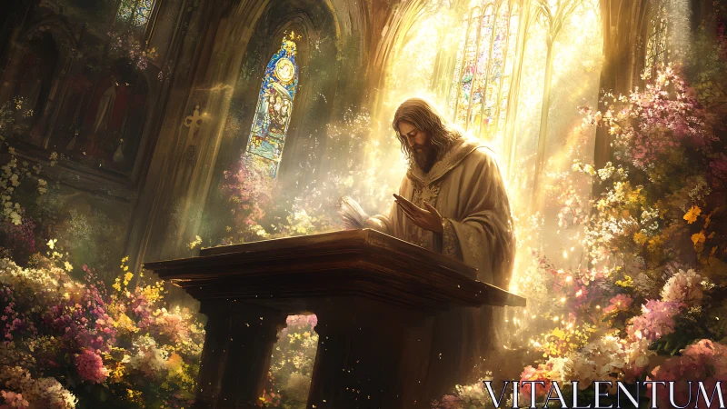 Gentle robed figure reading in a sunlit, flowered chapel.