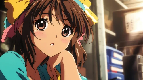 Thoughtful anime girl resting in warm studio light.