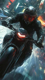 Armored rider drives racing motorcycle through neon rainstorm